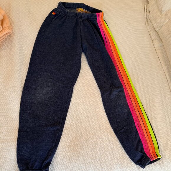 Aviator Nation Navy Rainbow Stripe Fleece Sweatpants Kids XS Joggers